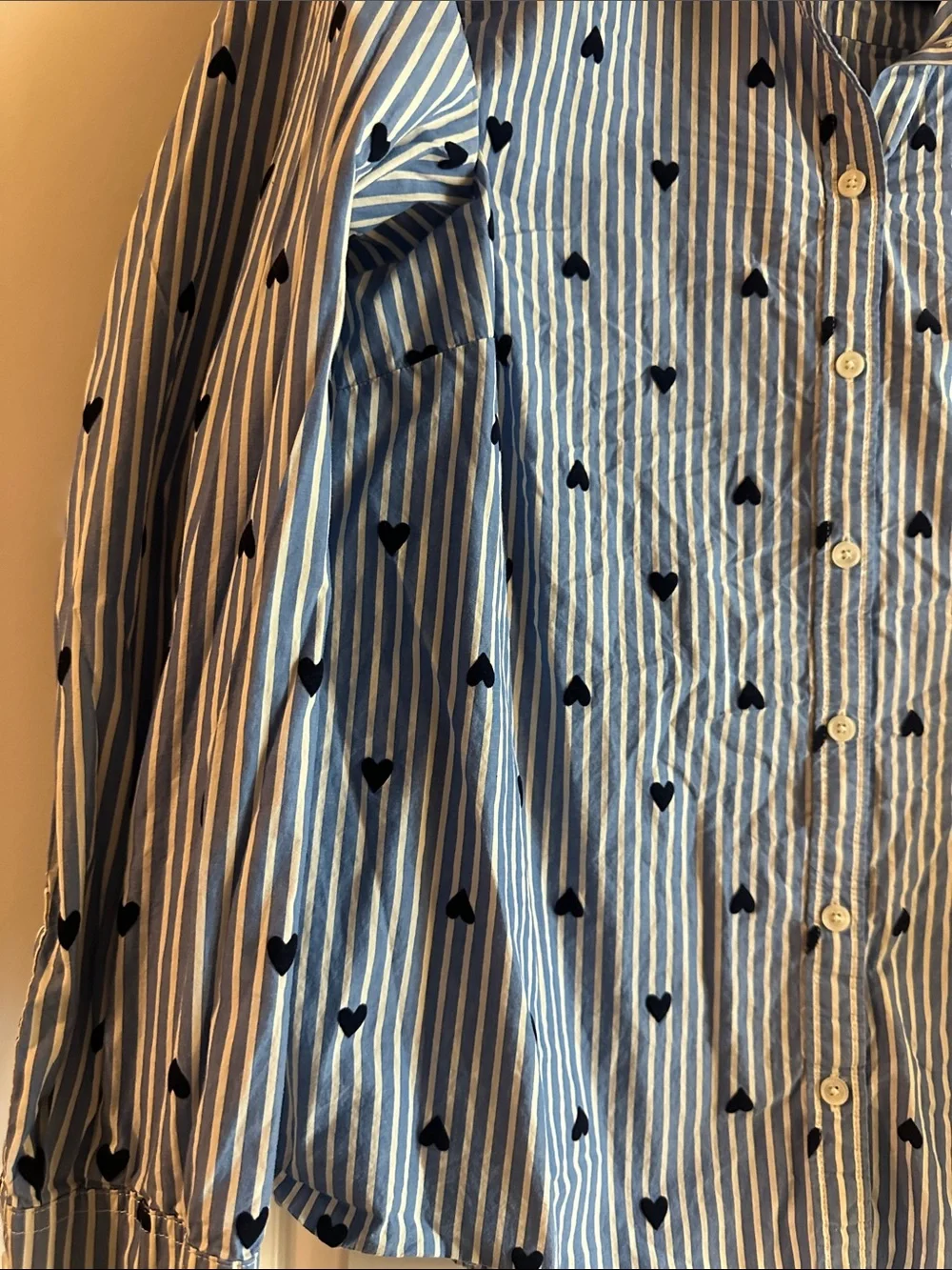 J. Crew Blue and White Striped Button-Down with Navy Heart Print